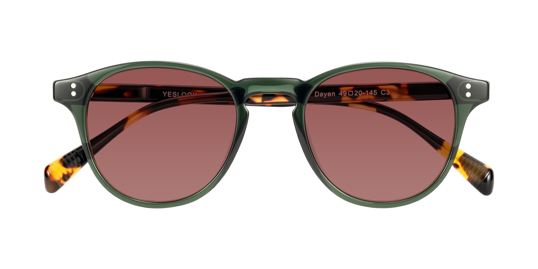 Folded Front of Dayen in Dark Green/Tortoise with Garnet Tinted Lenses