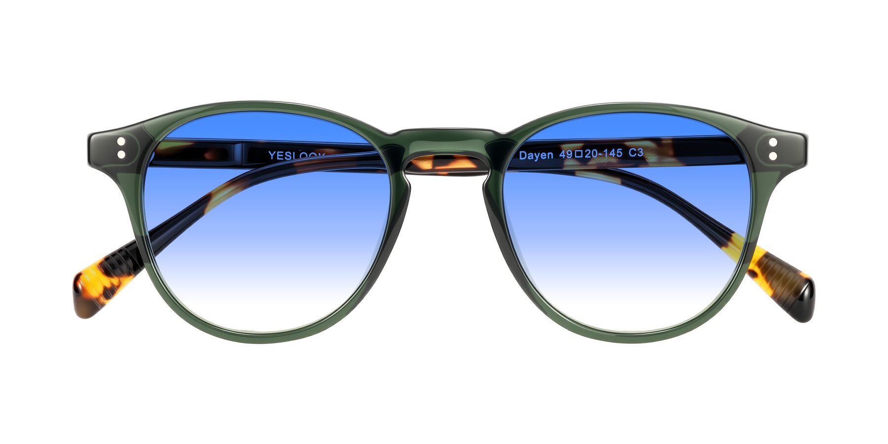 Folded Front of Dayen in Dark Green/Tortoise with Blue Gradient Lenses