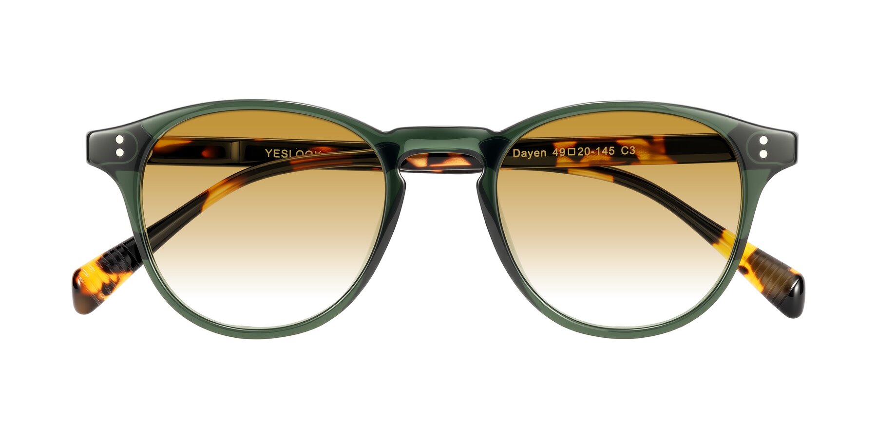 Folded Front of Dayen in Dark Green/Tortoise with Champagne Gradient Lenses