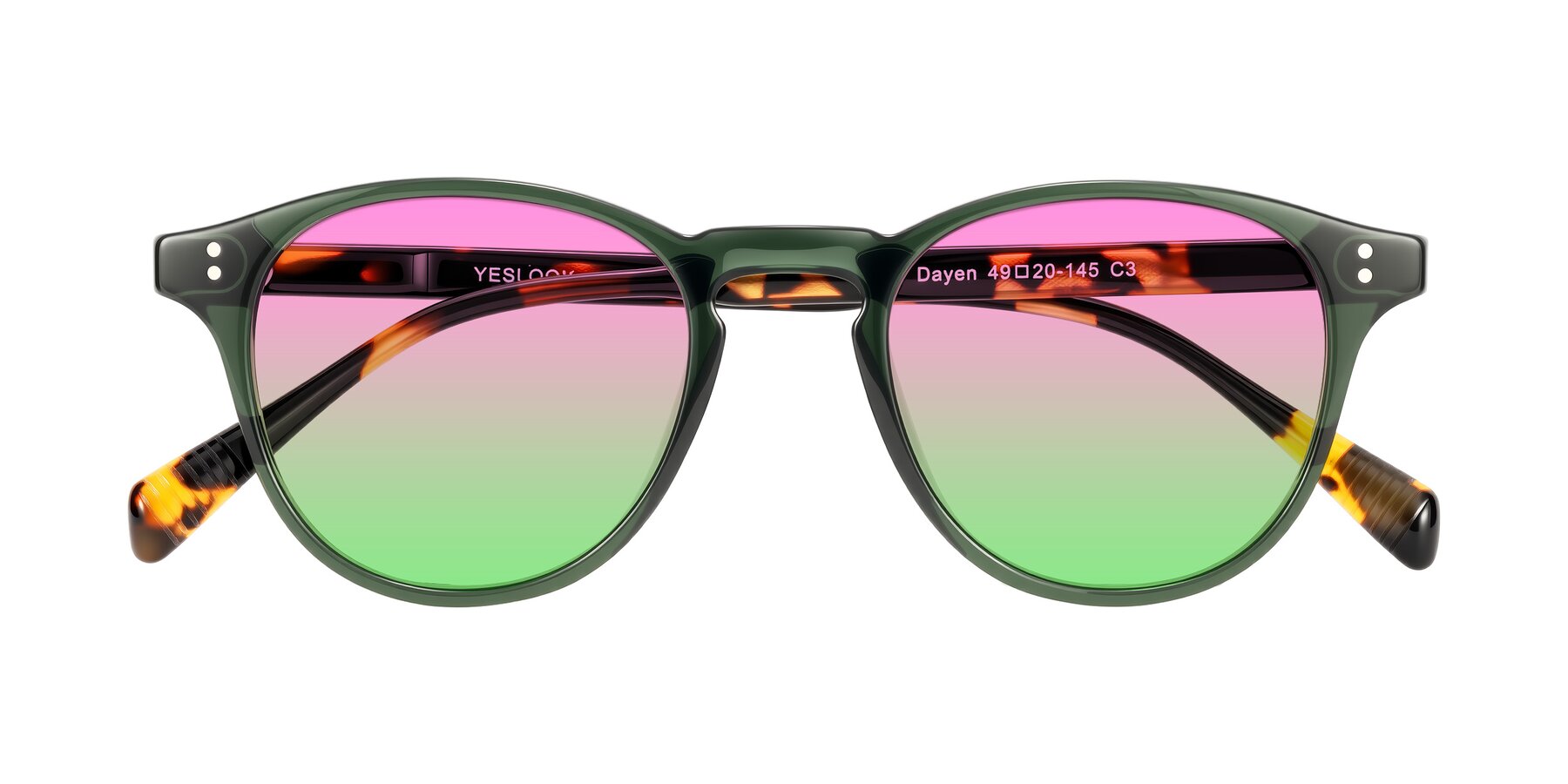 Folded Front of Dayen in Dark Green/Tortoise with Pink / Green Gradient Lenses