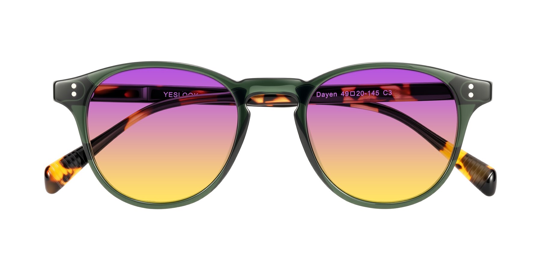 Folded Front of Dayen in Dark Green/Tortoise with Purple / Yellow Gradient Lenses