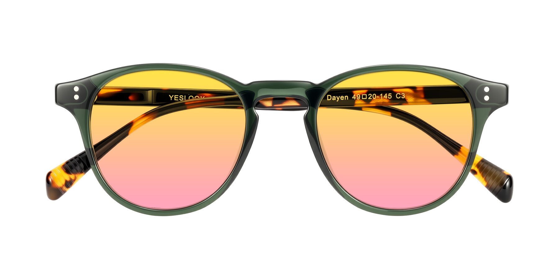 Folded Front of Dayen in Dark Green/Tortoise with Yellow / Pink Gradient Lenses