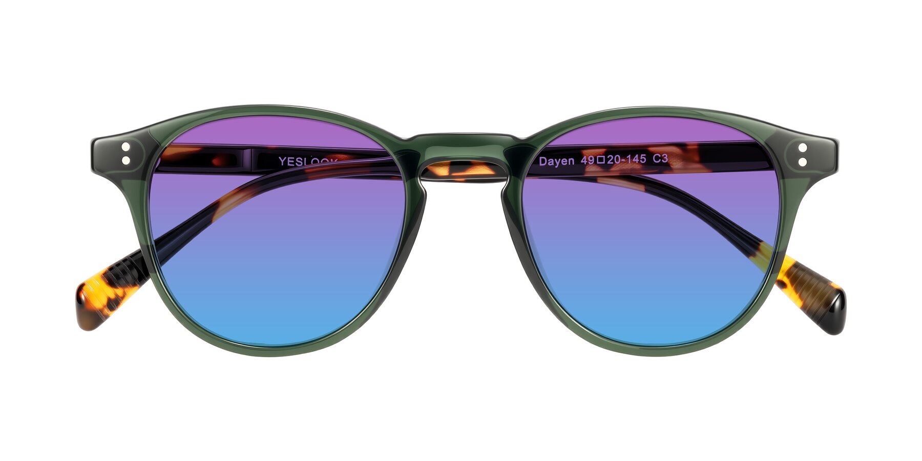 Folded Front of Dayen in Dark Green/Tortoise with Purple / Blue Gradient Lenses