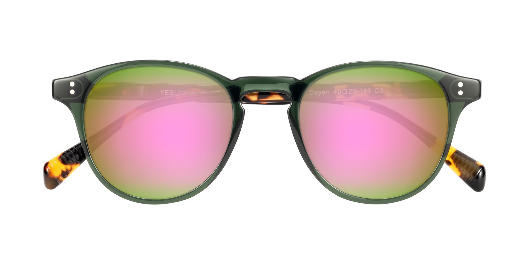 Folded Front of Dayen in Dark Green/Tortoise with Pink Mirrored Lenses