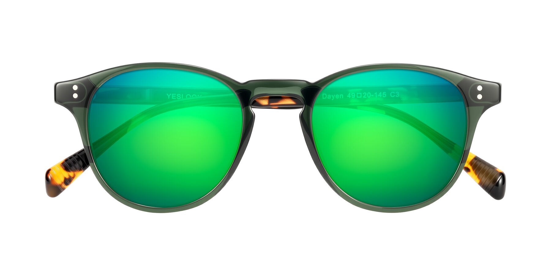 Folded Front of Dayen in Dark Green/Tortoise with Green Mirrored Lenses