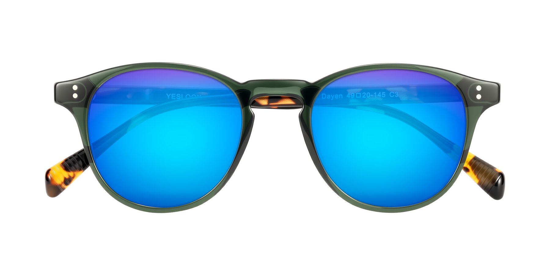 Folded Front of Dayen in Dark Green/Tortoise with Blue Mirrored Lenses