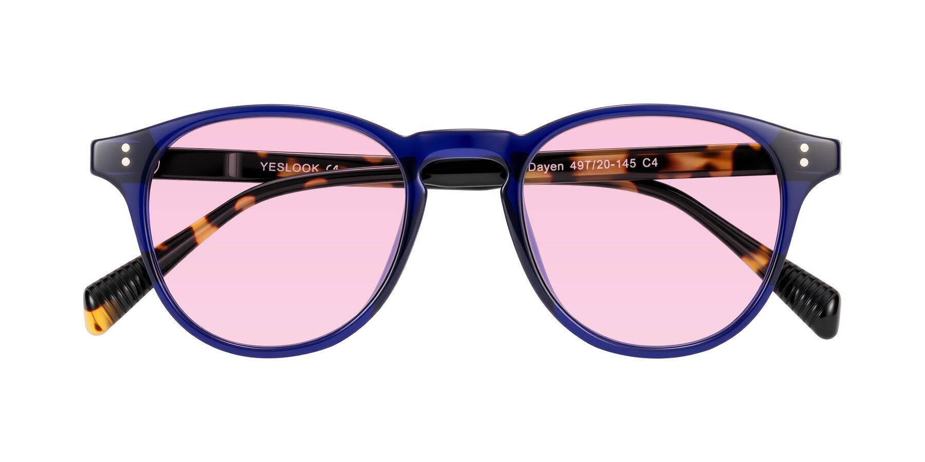 Folded Front of Dayen in Navy Blue/Tortoise with Light Pink Tinted Lenses