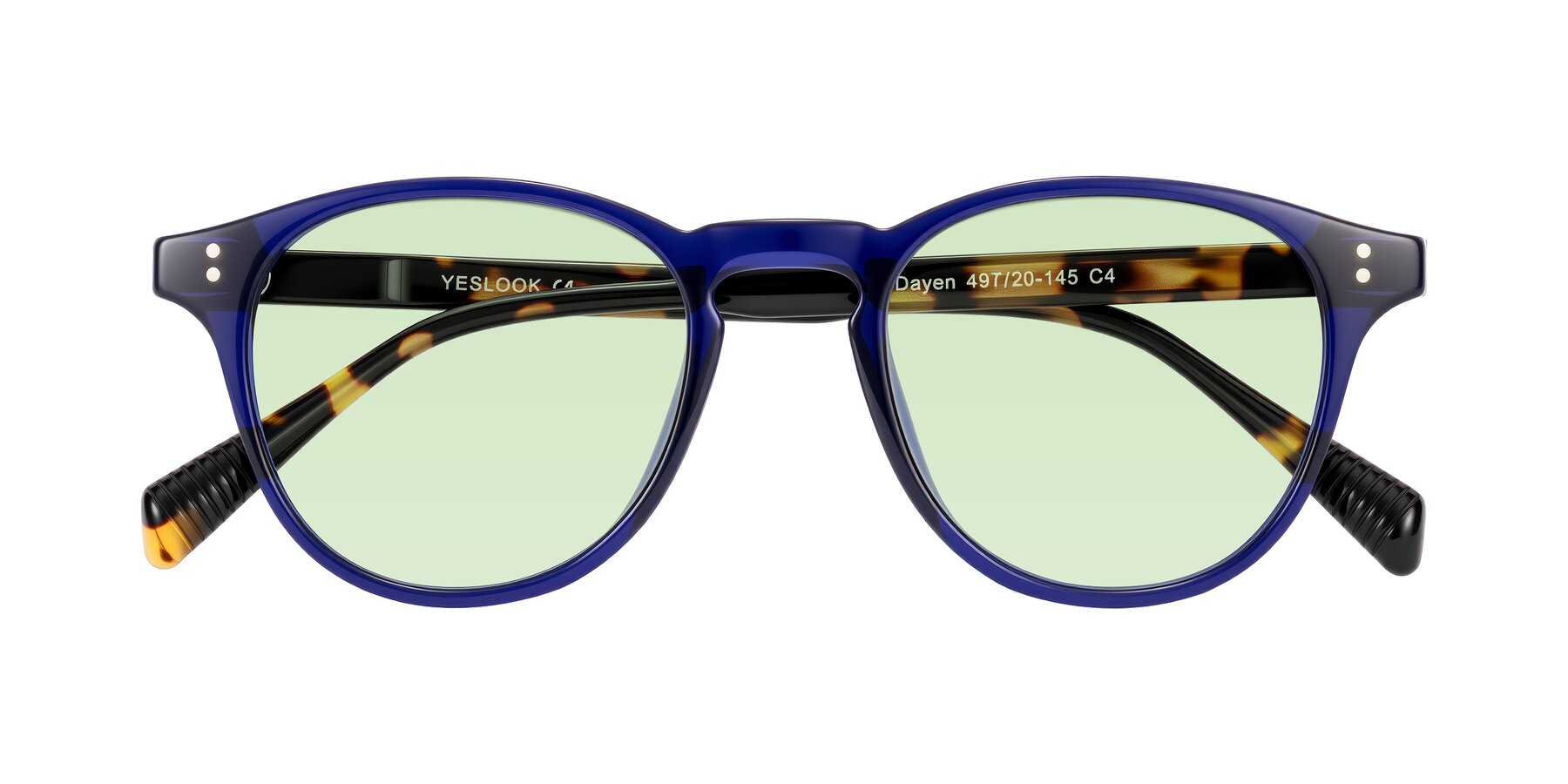 Folded Front of Dayen in Navy Blue/Tortoise with Light Green Tinted Lenses