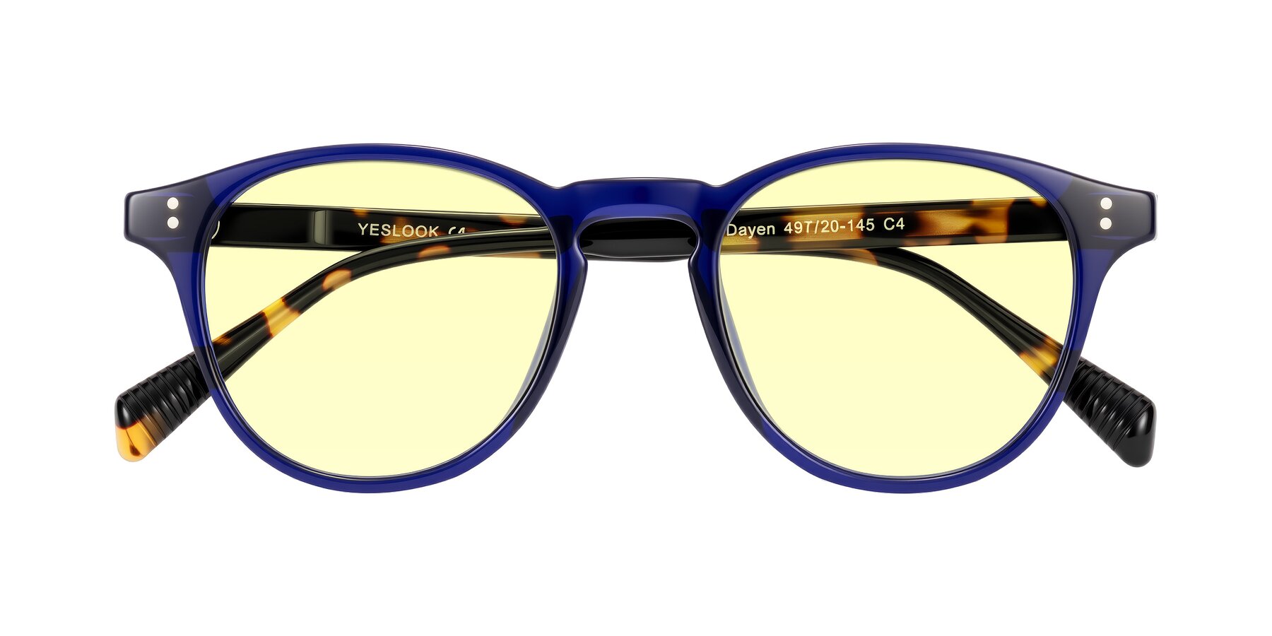 Folded Front of Dayen in Navy Blue/Tortoise with Light Yellow Tinted Lenses