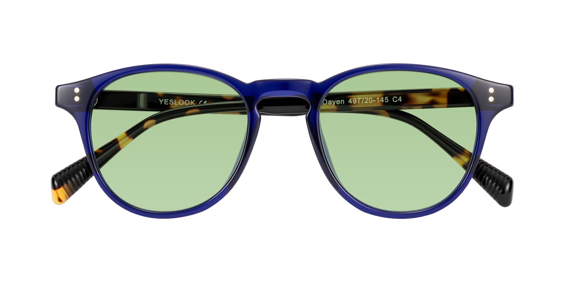 Folded Front of Dayen in Navy Blue/Tortoise with Medium Green Tinted Lenses