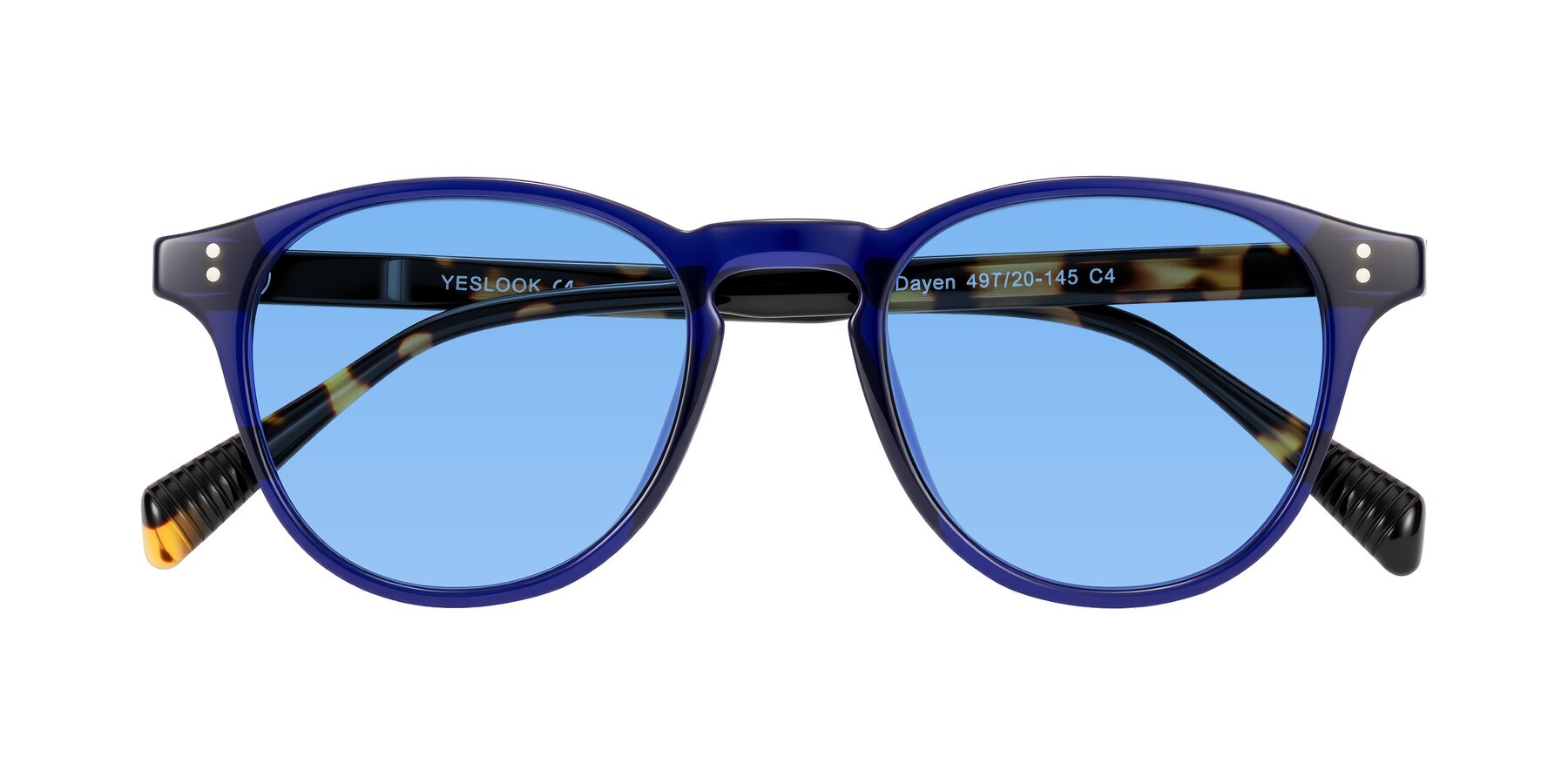 Folded Front of Dayen in Navy Blue/Tortoise with Medium Blue Tinted Lenses