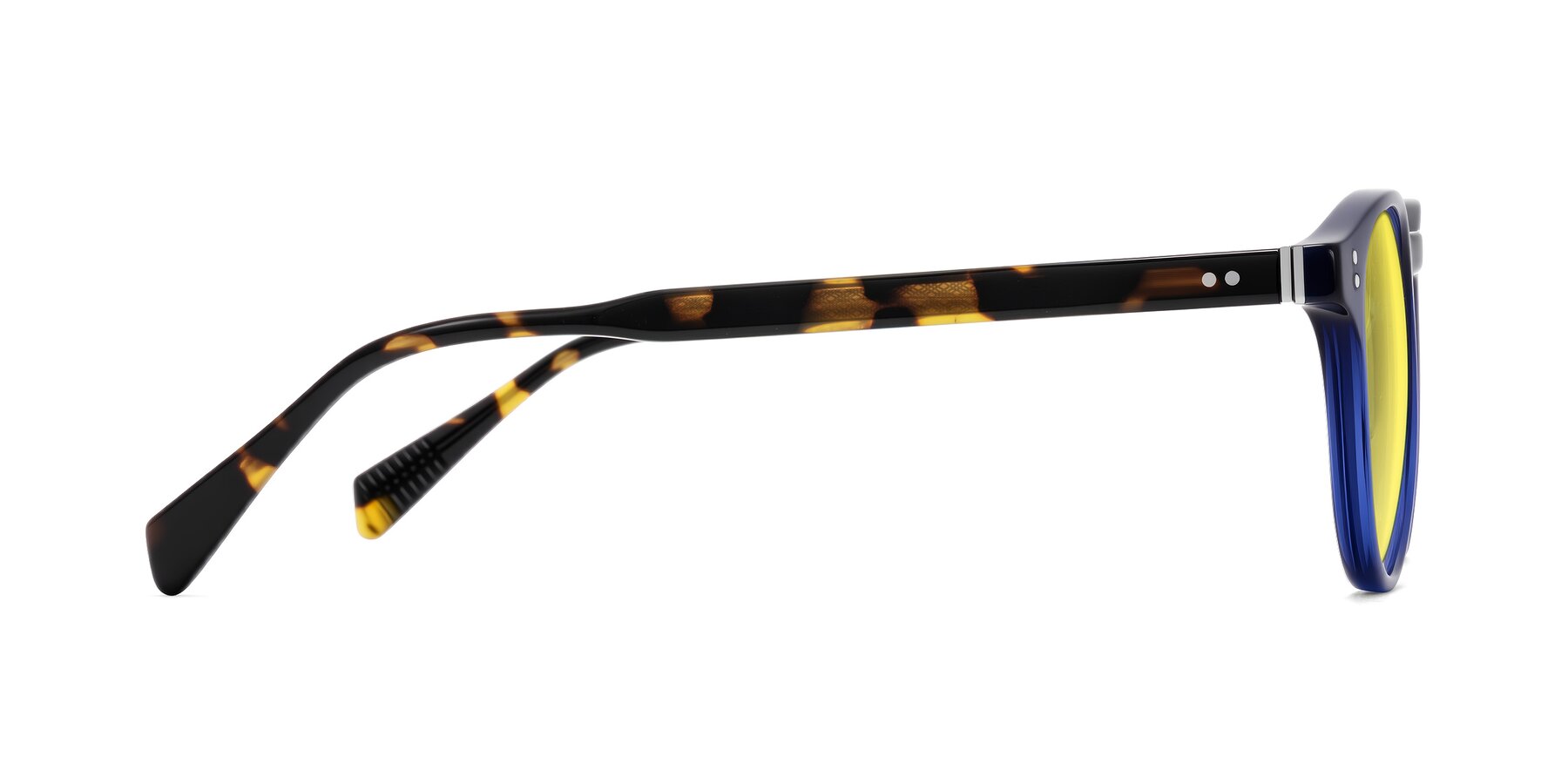 Side of Dayen in Navy Blue/Tortoise with Medium Yellow Tinted Lenses