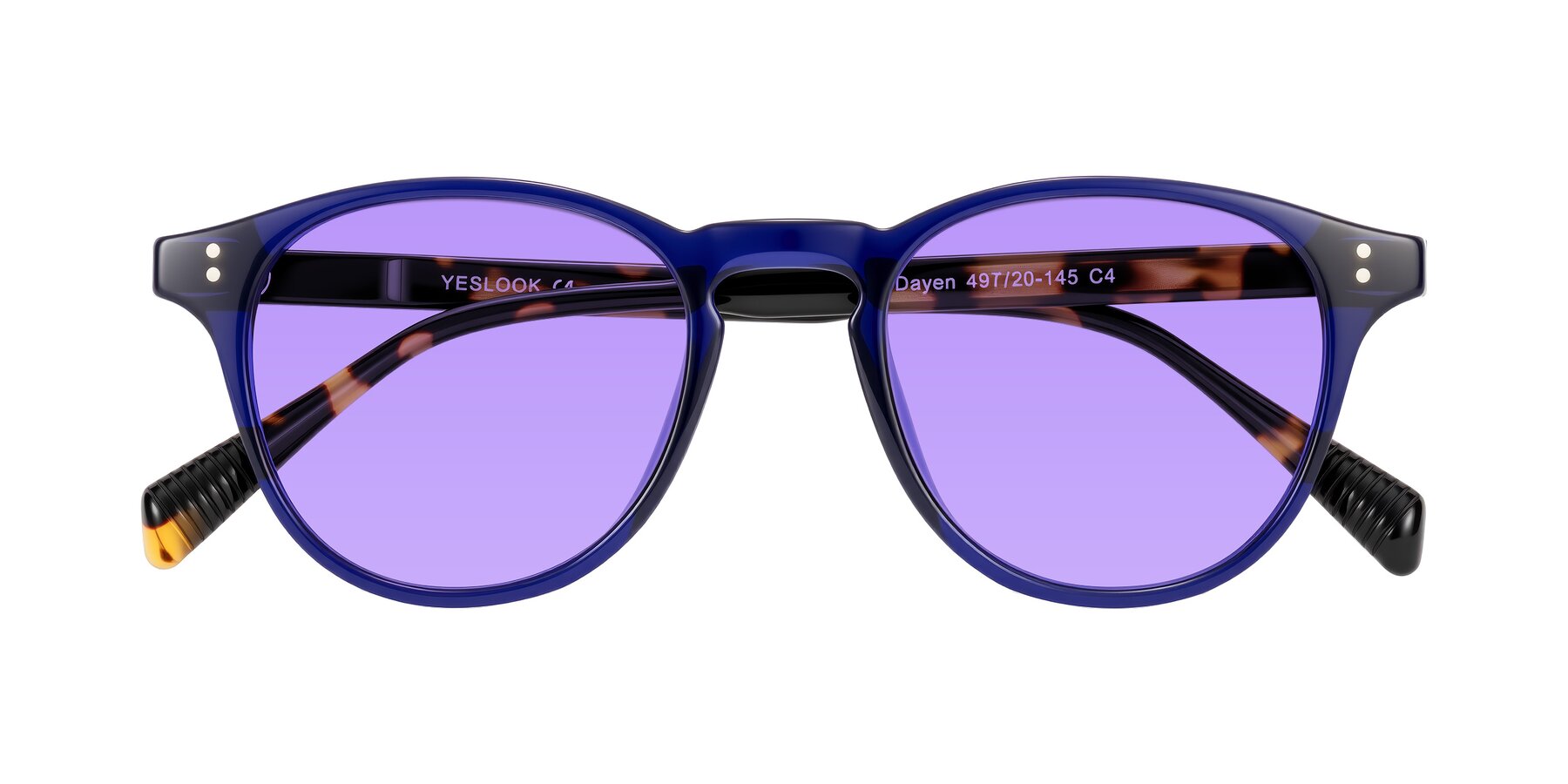 Folded Front of Dayen in Navy Blue/Tortoise with Medium Purple Tinted Lenses