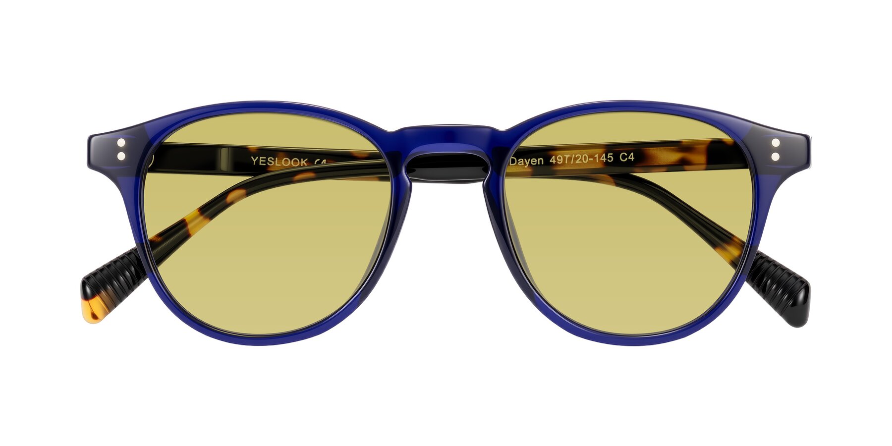 Folded Front of Dayen in Navy Blue/Tortoise with Medium Champagne Tinted Lenses