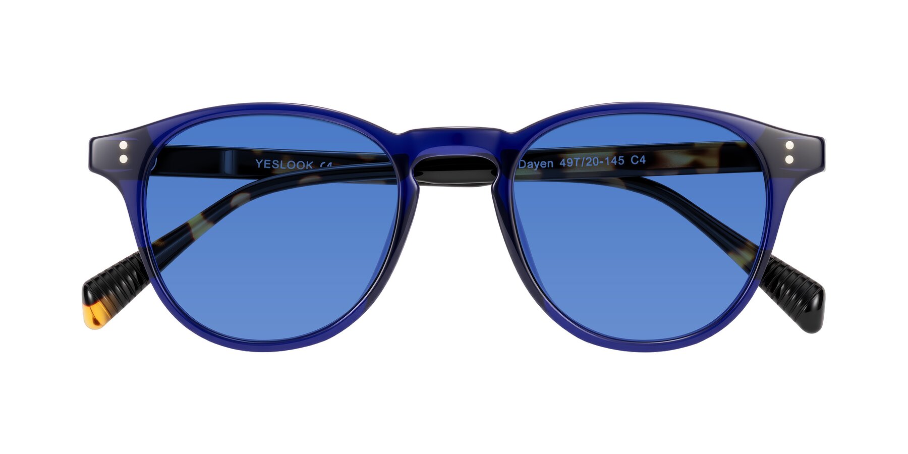 Folded Front of Dayen in Navy Blue/Tortoise with Blue Tinted Lenses