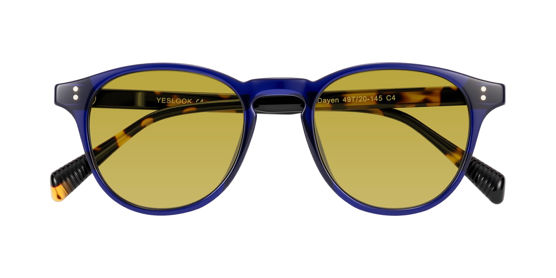 Folded Front of Dayen in Navy Blue/Tortoise with Champagne Tinted Lenses