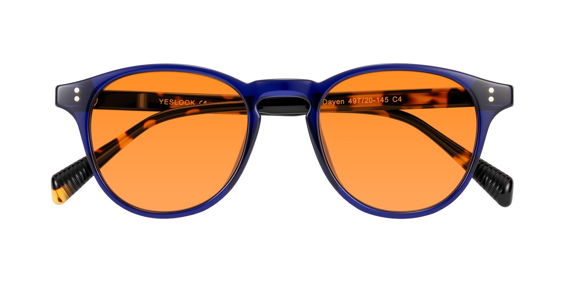 Folded Front of Dayen in Navy Blue/Tortoise with Orange Tinted Lenses