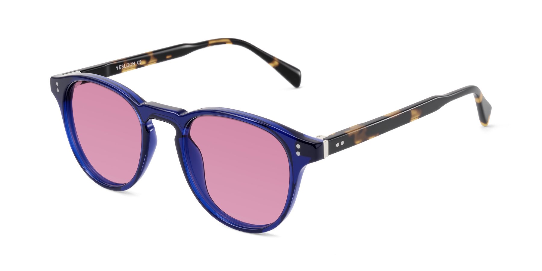 Angle of Dayen in Navy Blue/Tortoise with Medium Wine Tinted Lenses