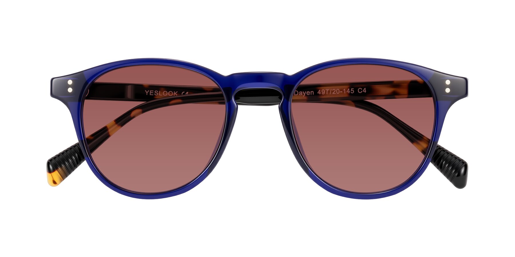 Folded Front of Dayen in Navy Blue/Tortoise with Garnet Tinted Lenses
