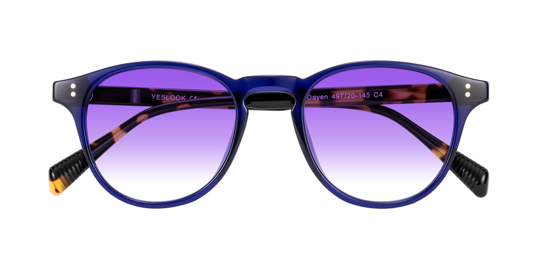 Folded Front of Dayen in Navy Blue/Tortoise with Purple Gradient Lenses