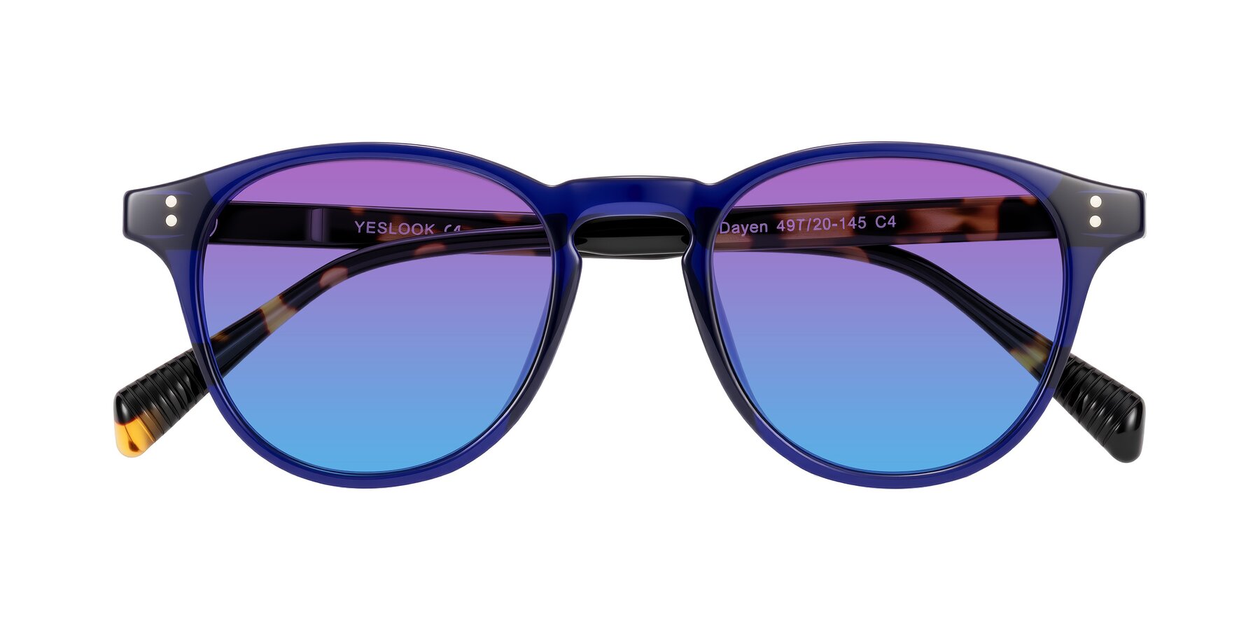 Folded Front of Dayen in Navy Blue/Tortoise with Purple / Blue Gradient Lenses