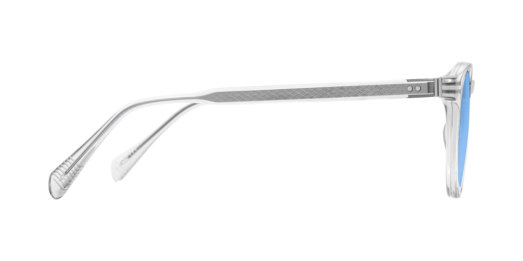 Side of Dayen in Clear with Medium Blue Tinted Lenses