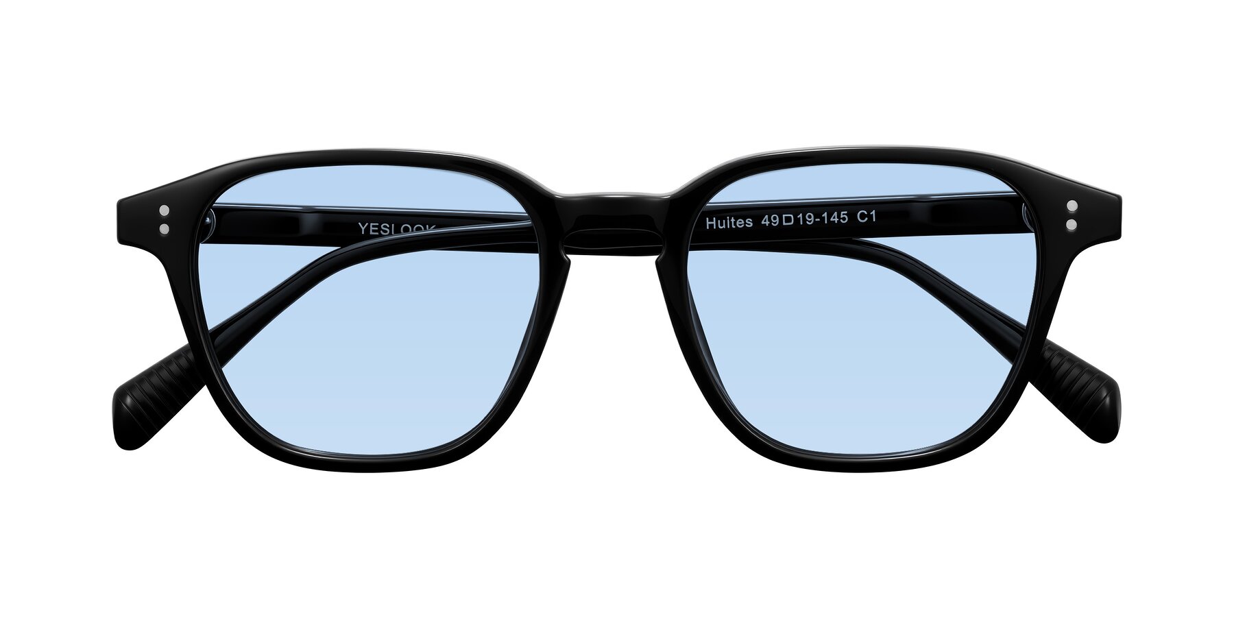 Folded Front of Huites in Black with Light Blue Tinted Lenses