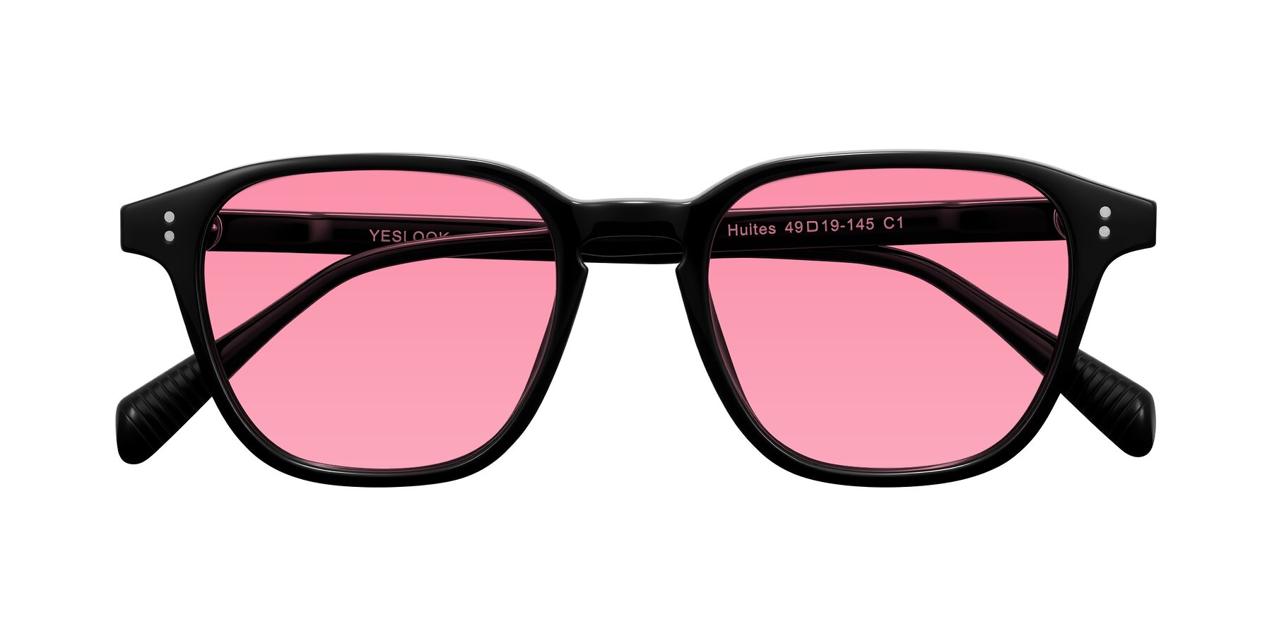 Folded Front of Huites in Black with Pink Tinted Lenses