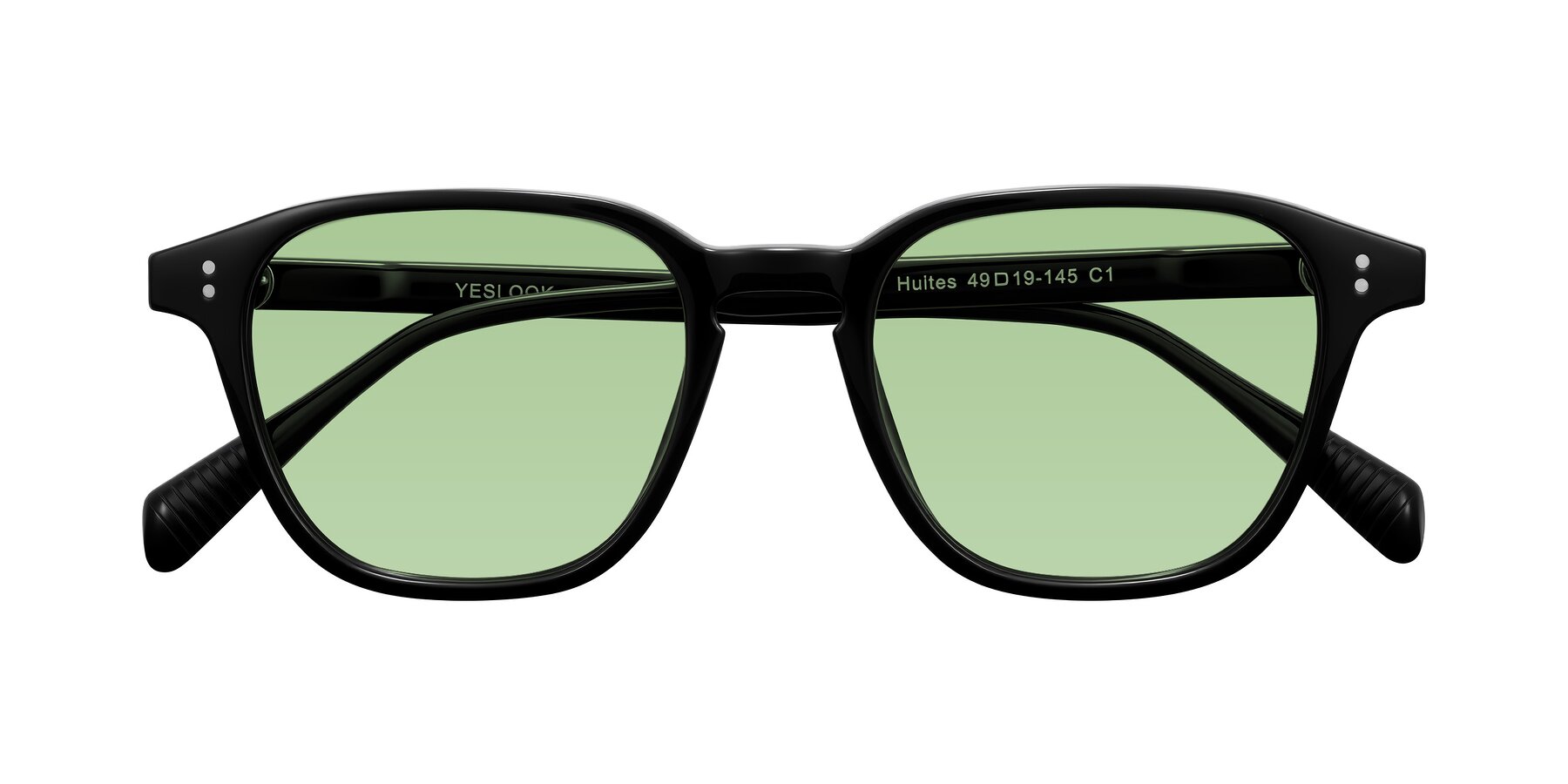 Folded Front of Huites in Black with Medium Green Tinted Lenses