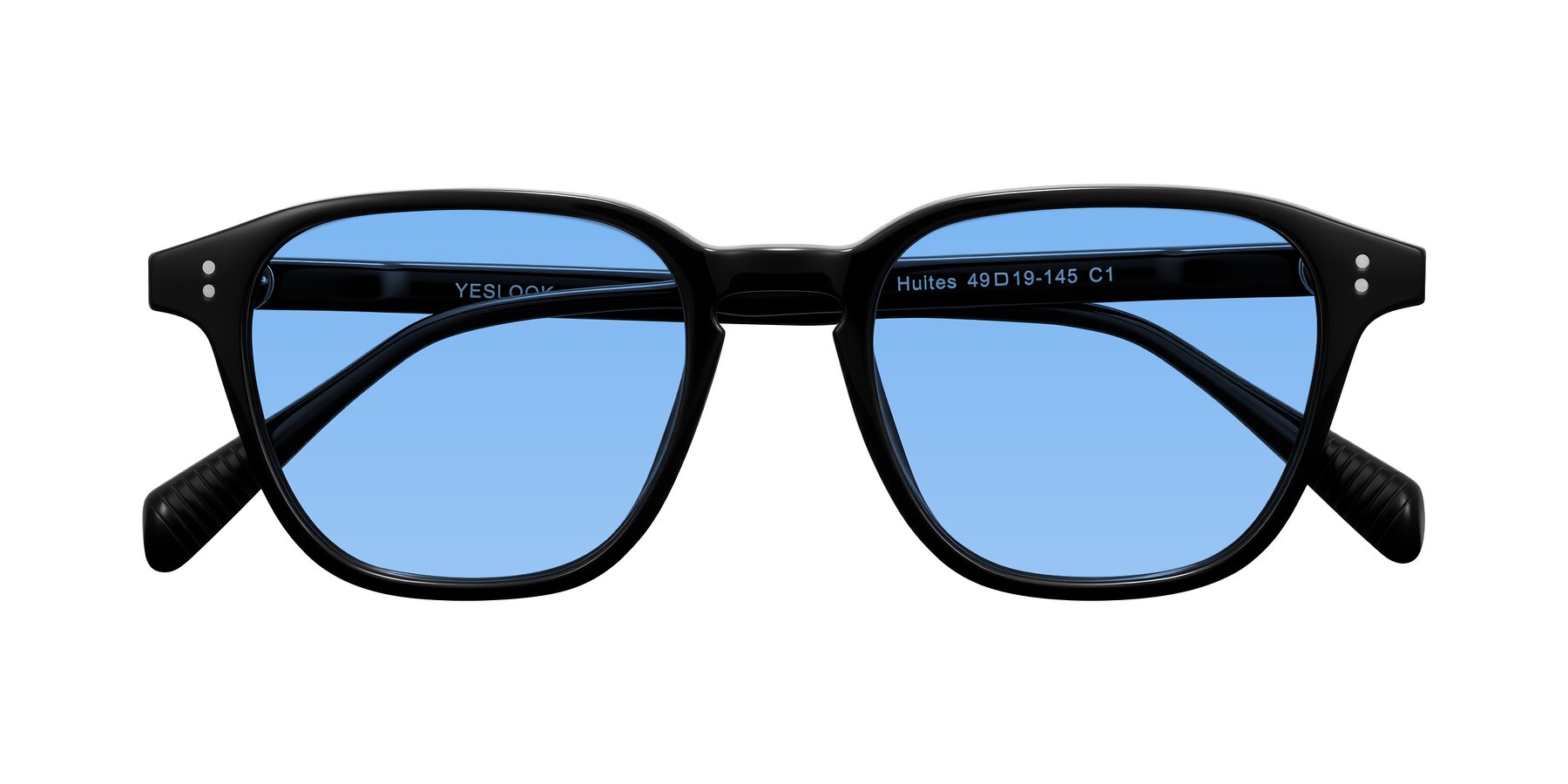 Folded Front of Huites in Black with Medium Blue Tinted Lenses