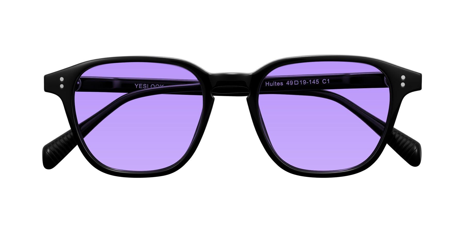 Folded Front of Huites in Black with Medium Purple Tinted Lenses