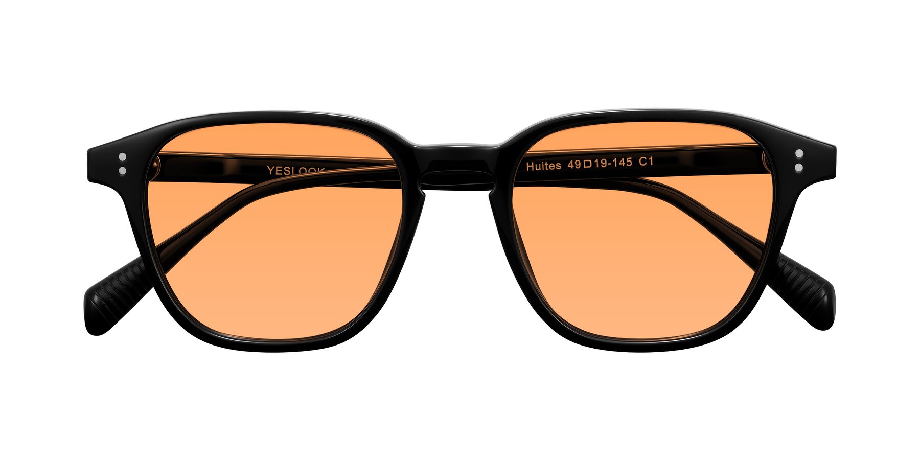 Folded Front of Huites in Black with Medium Orange Tinted Lenses