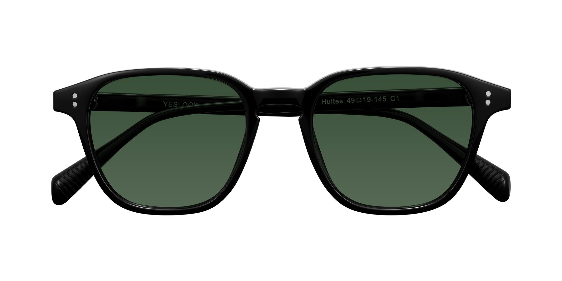 Folded Front of Huites in Black with Green Tinted Lenses