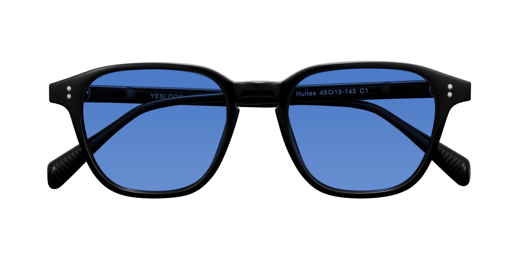 Folded Front of Huites in Black with Blue Tinted Lenses