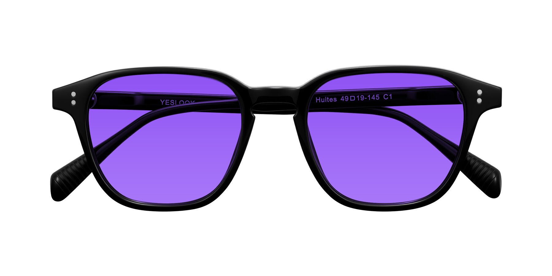 Folded Front of Huites in Black with Purple Tinted Lenses