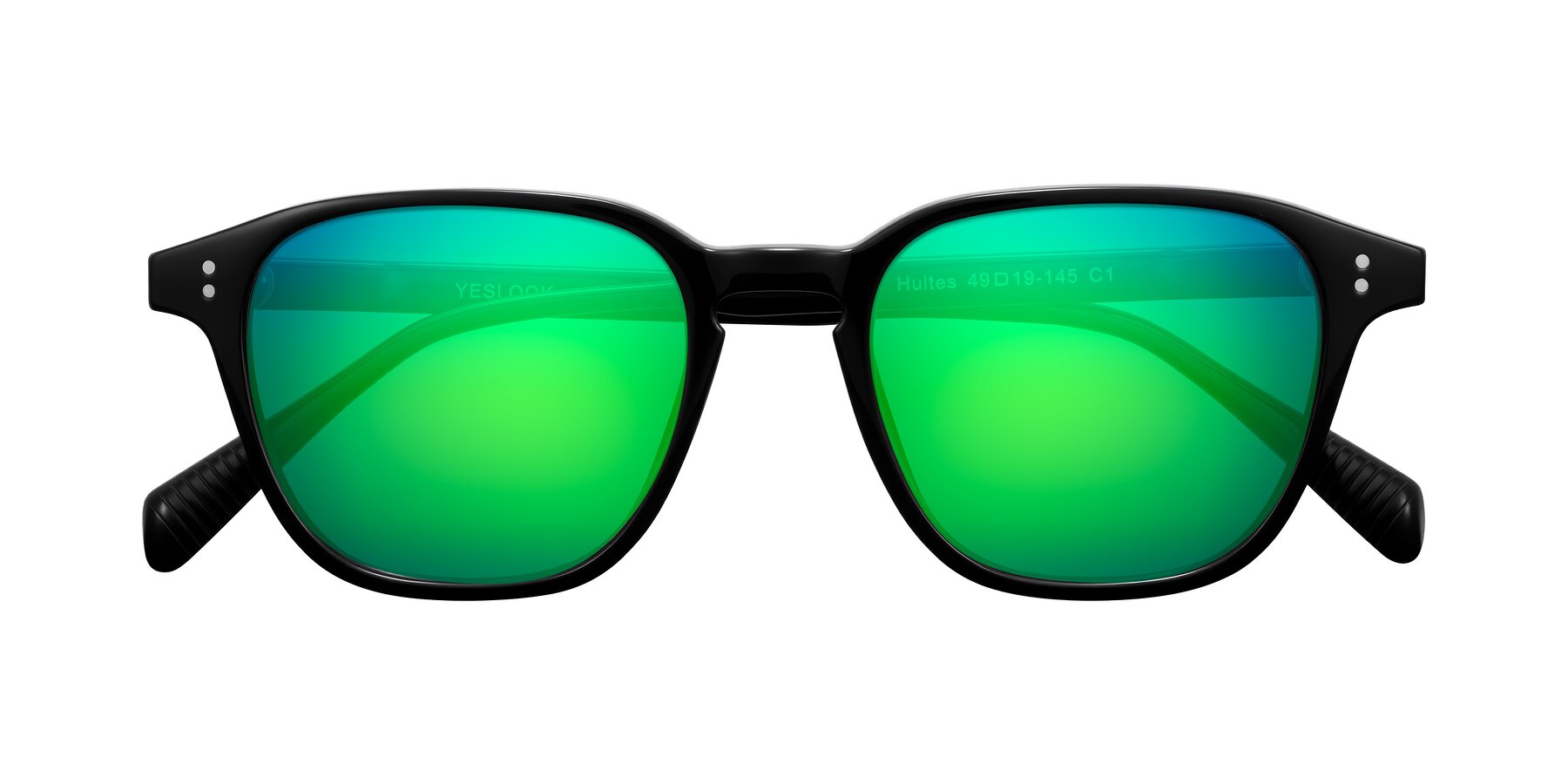 Folded Front of Huites in Black with Green Mirrored Lenses