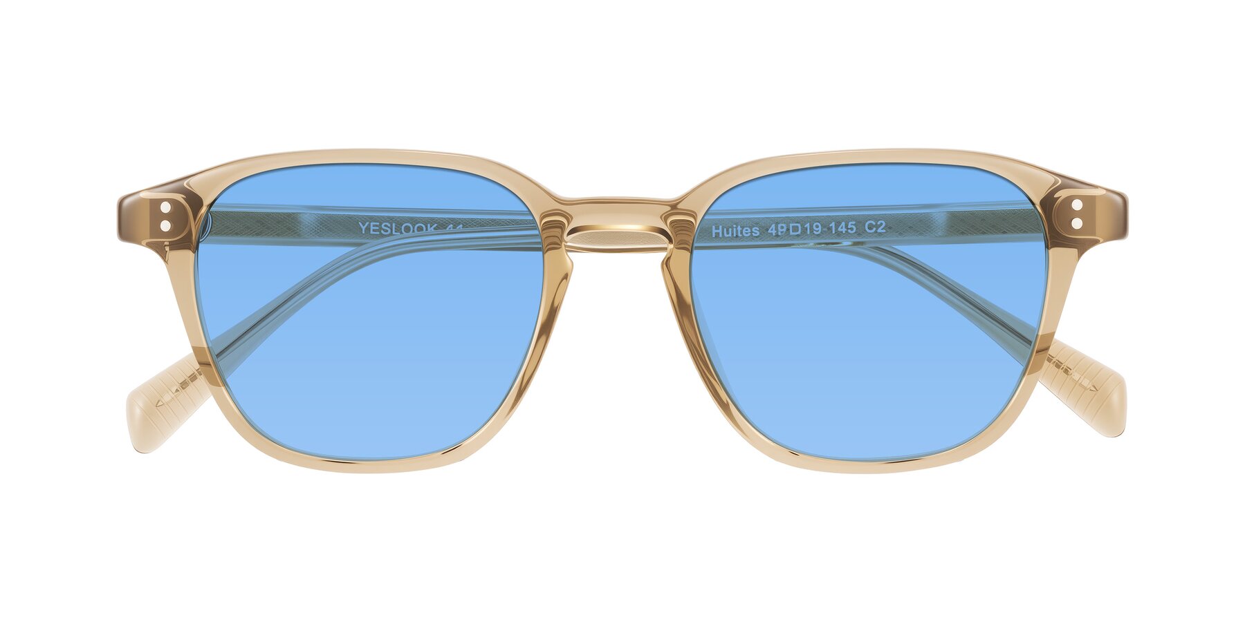Folded Front of Huites in Champagne with Medium Blue Tinted Lenses