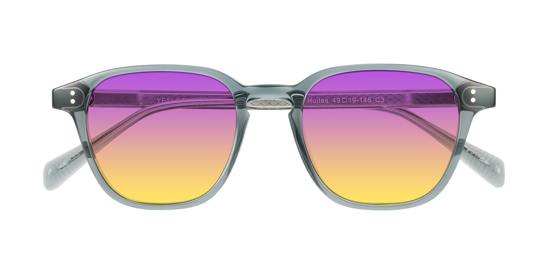 Folded Front of Huites in Grayish Blue with Purple / Yellow Gradient Lenses