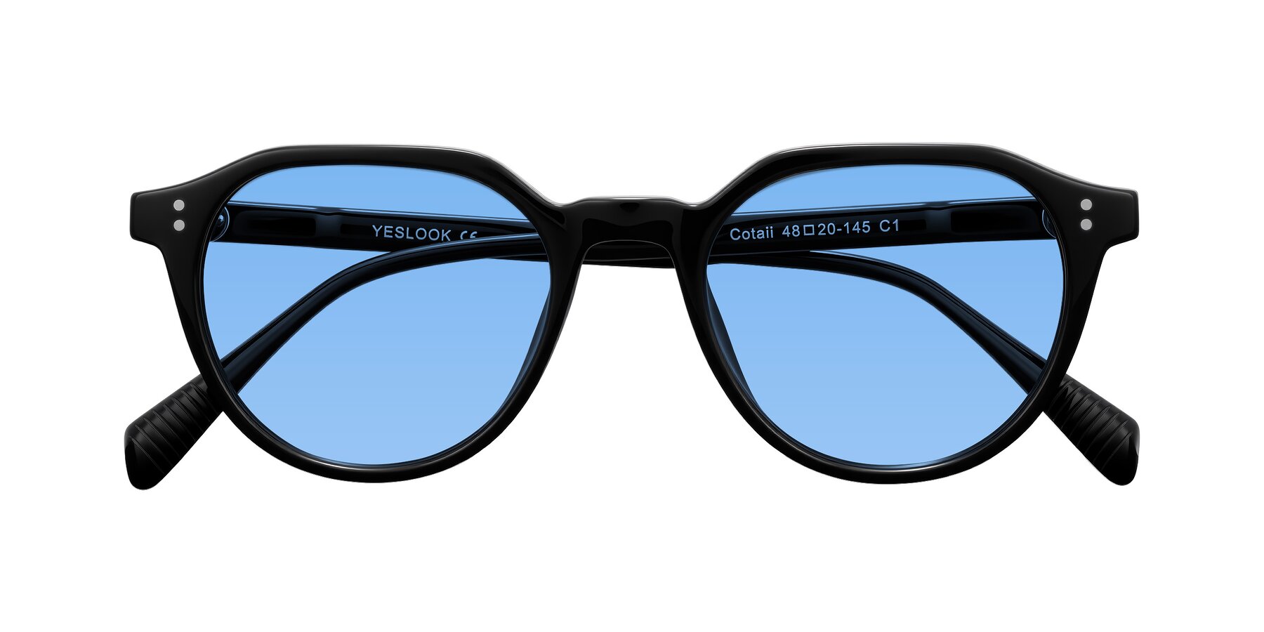 Folded Front of Cotaii in Black with Medium Blue Tinted Lenses