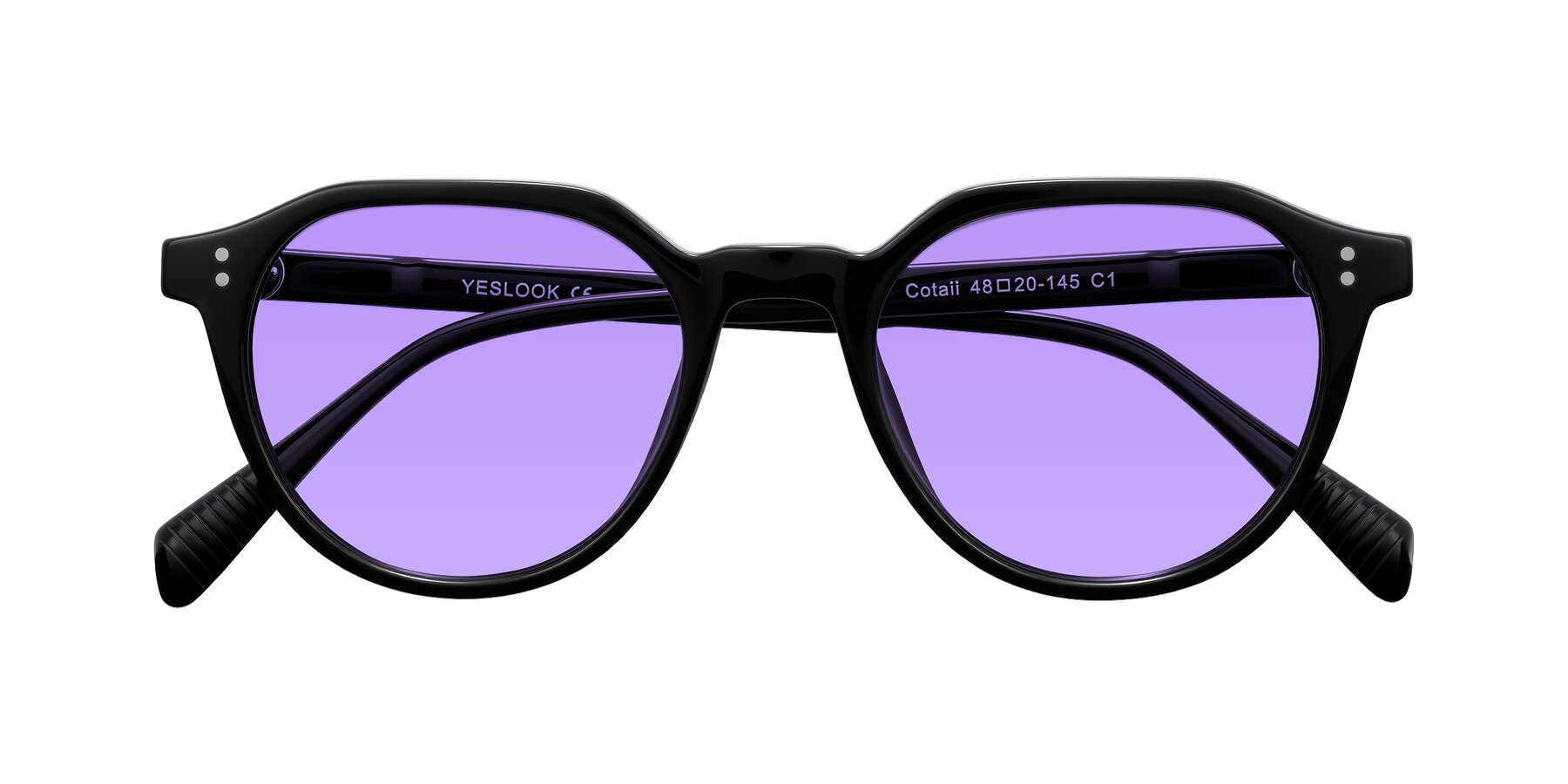 Folded Front of Cotaii in Black with Medium Purple Tinted Lenses