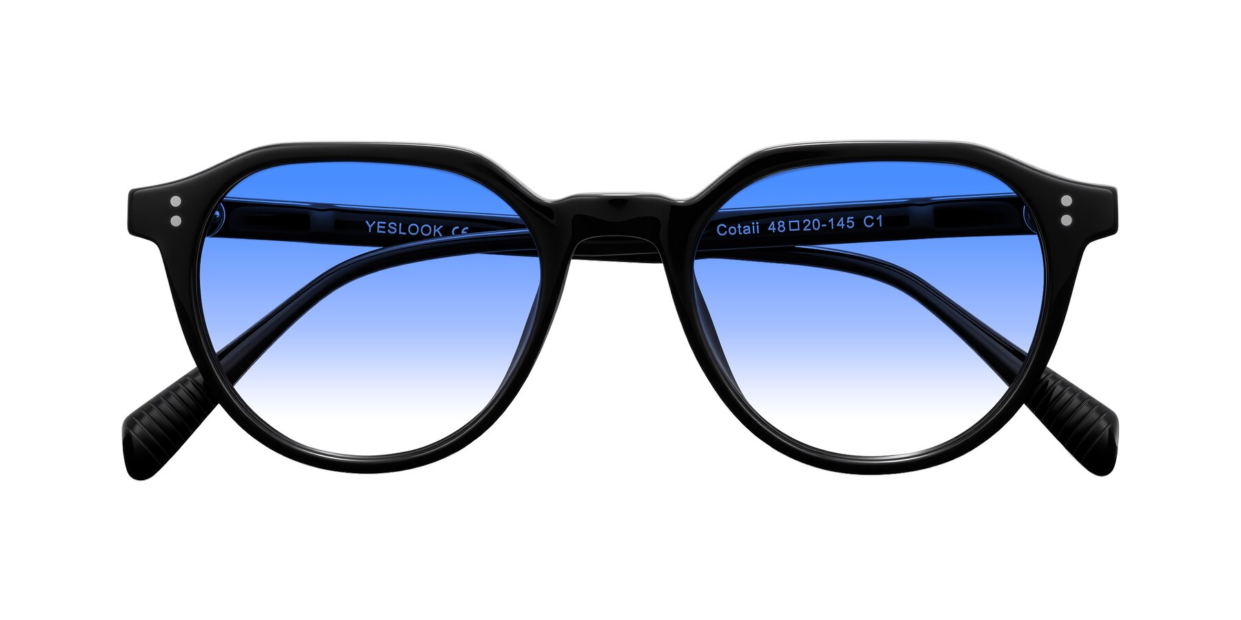 Folded Front of Cotaii in Black with Blue Gradient Lenses