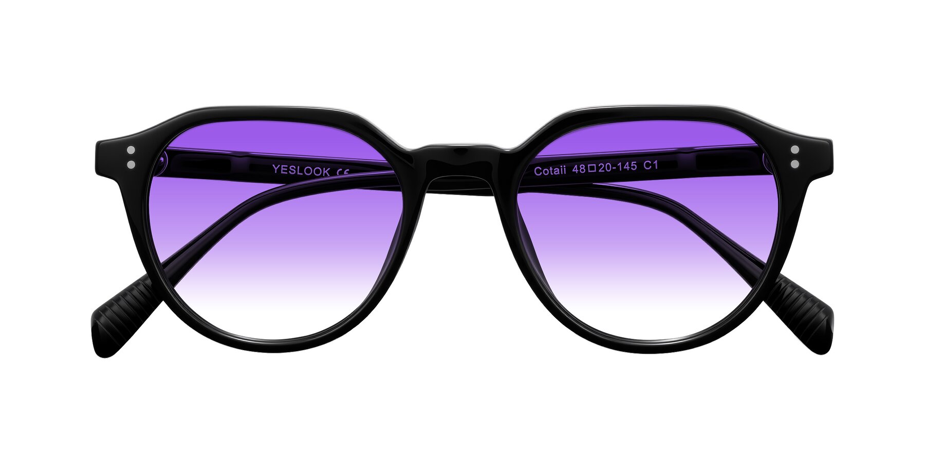 Folded Front of Cotaii in Black with Purple Gradient Lenses
