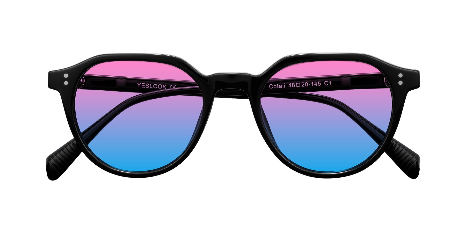 Folded Front of Cotaii in Black with Pink / Blue Gradient Lenses