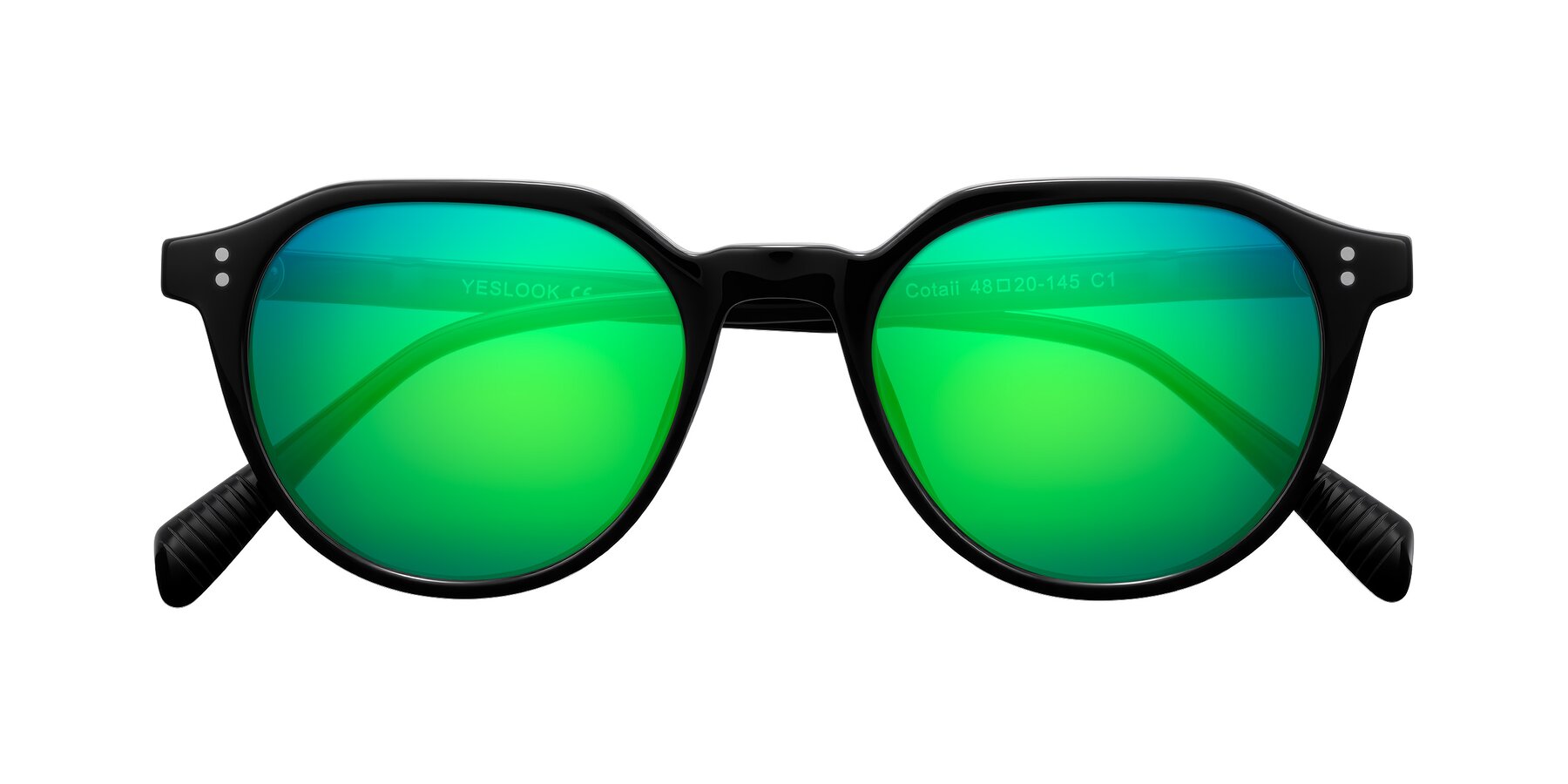 Folded Front of Cotaii in Black with Green Mirrored Lenses