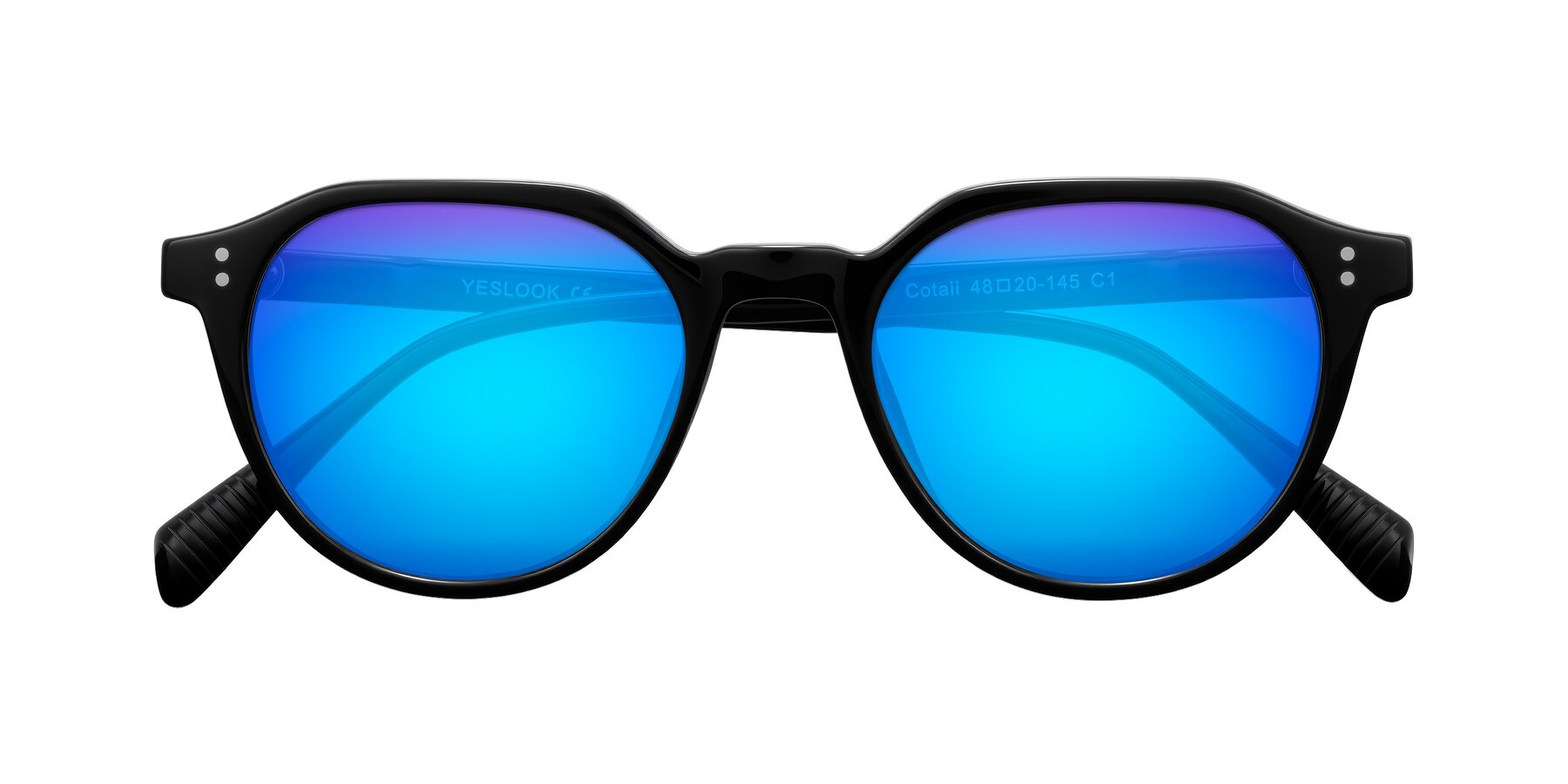 Folded Front of Cotaii in Black with Blue Mirrored Lenses