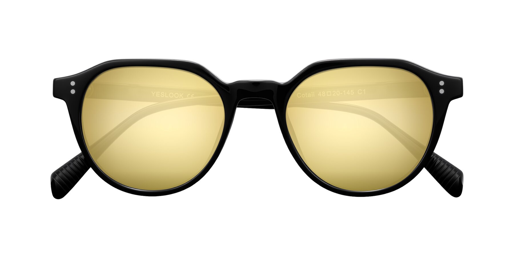 Folded Front of Cotaii in Black with Gold Mirrored Lenses