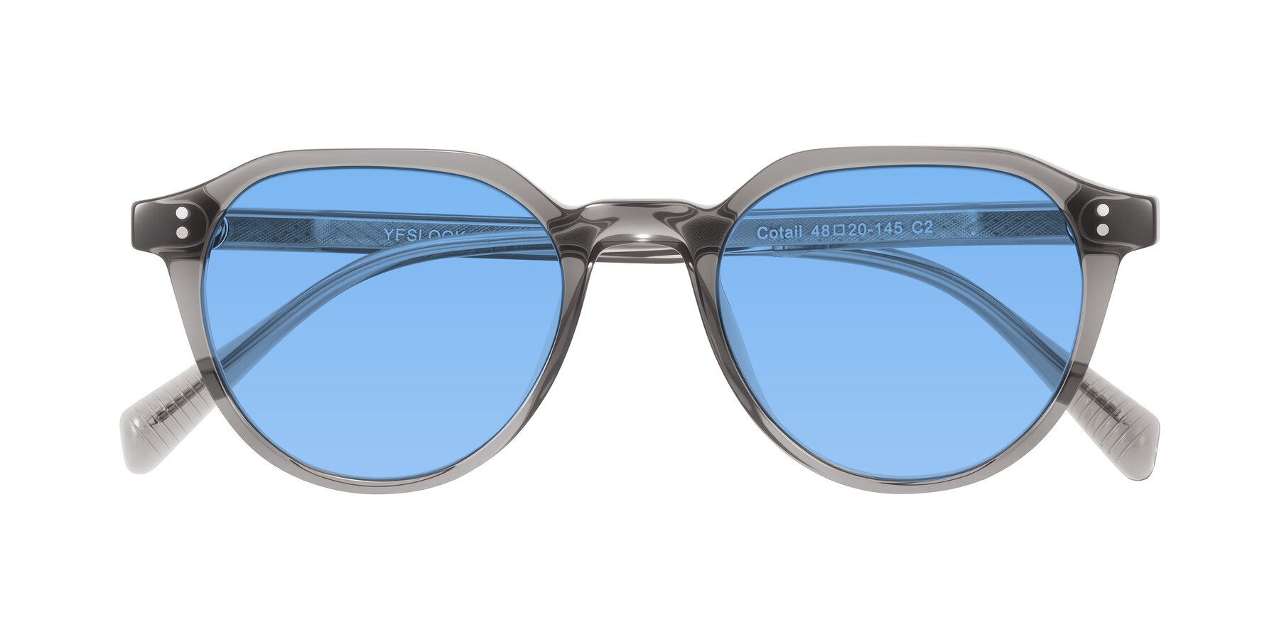 Folded Front of Cotaii in Gray with Medium Blue Tinted Lenses