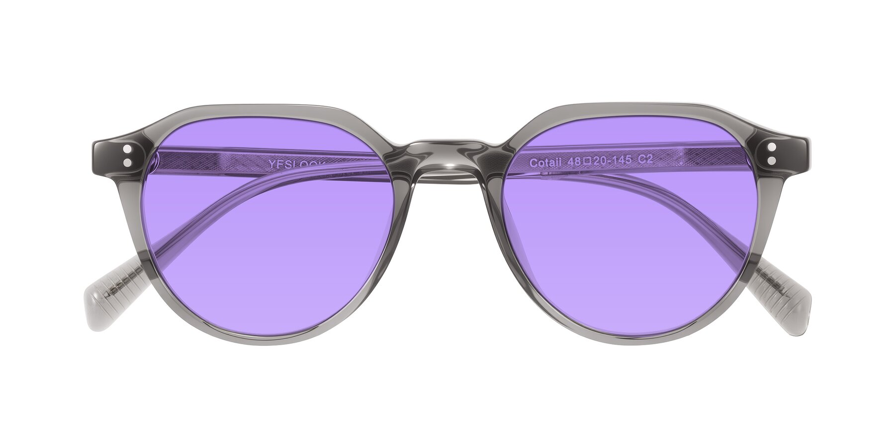 Folded Front of Cotaii in Gray with Medium Purple Tinted Lenses