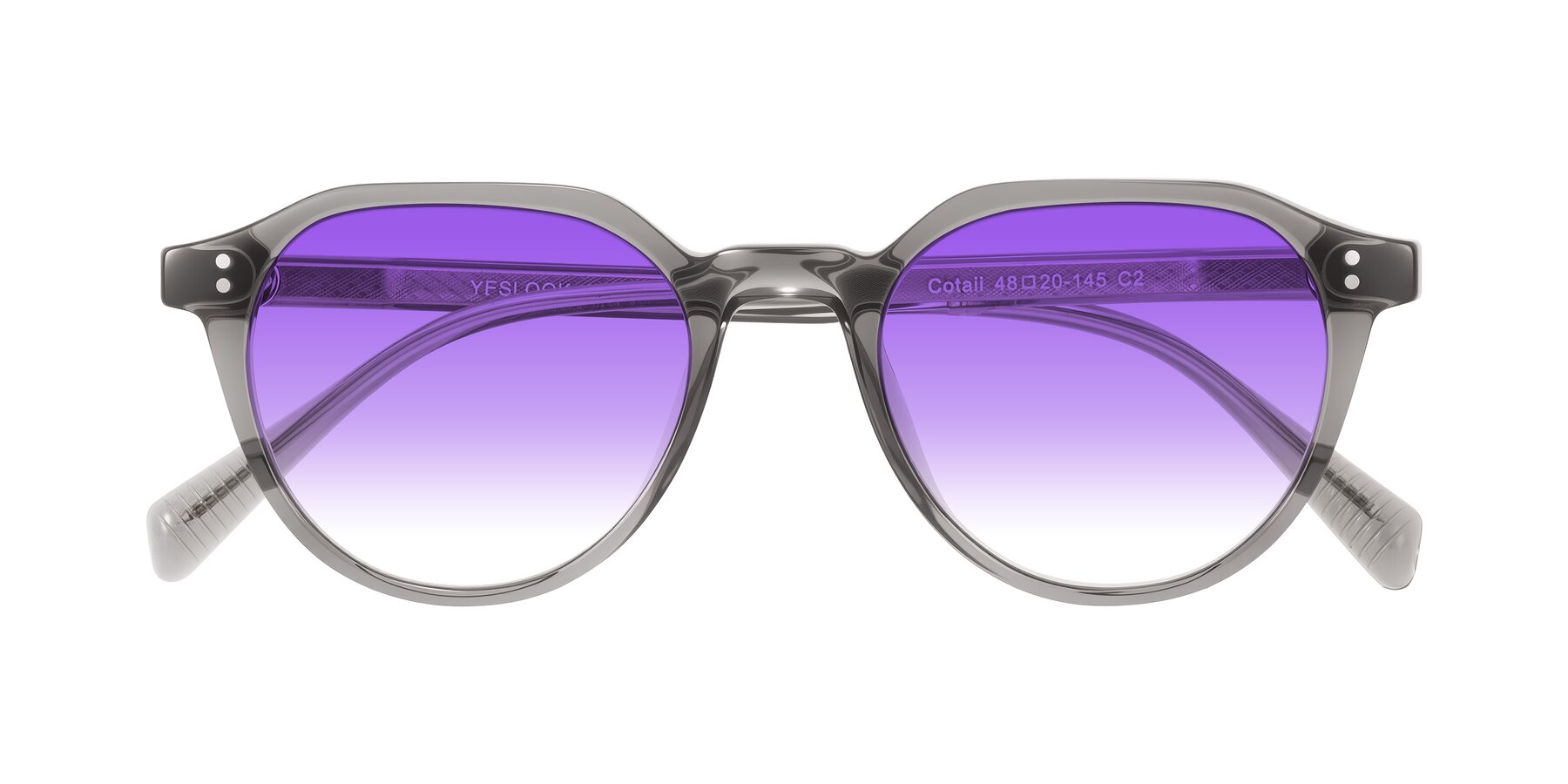 Folded Front of Cotaii in Gray with Purple Gradient Lenses