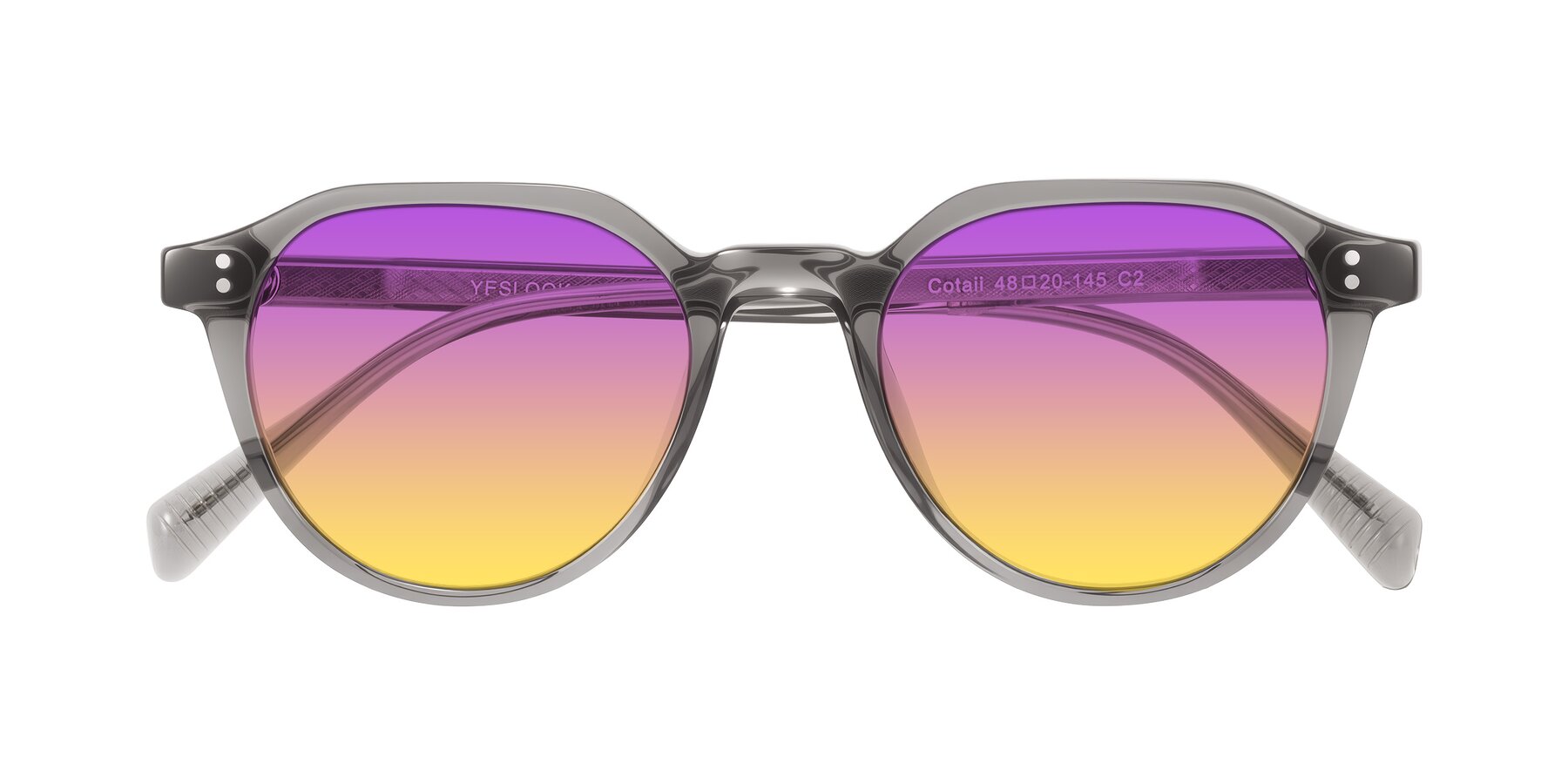 Folded Front of Cotaii in Gray with Purple / Yellow Gradient Lenses